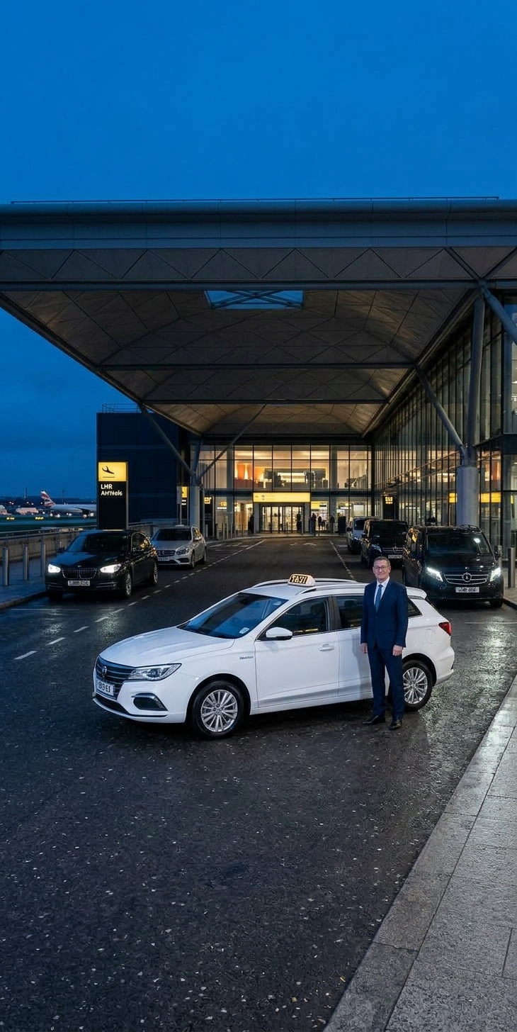 Mark standing beside his modern electric estate car outside a Heathrow terminal
